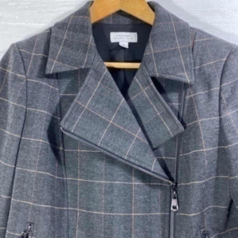 TAHARI Womens Black Pocketed Zippered Plaid Motorcycle Jacket Size 10 - Picture 9 of 13